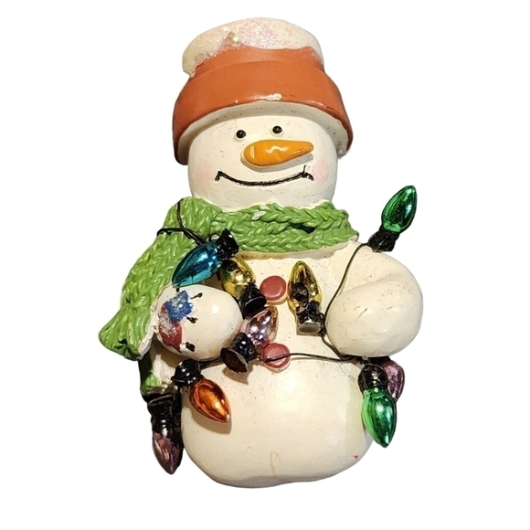 Vtg Mini Snowman pin brooch flowerpot hat scarf wrapped in lights - Picture 1 of 5